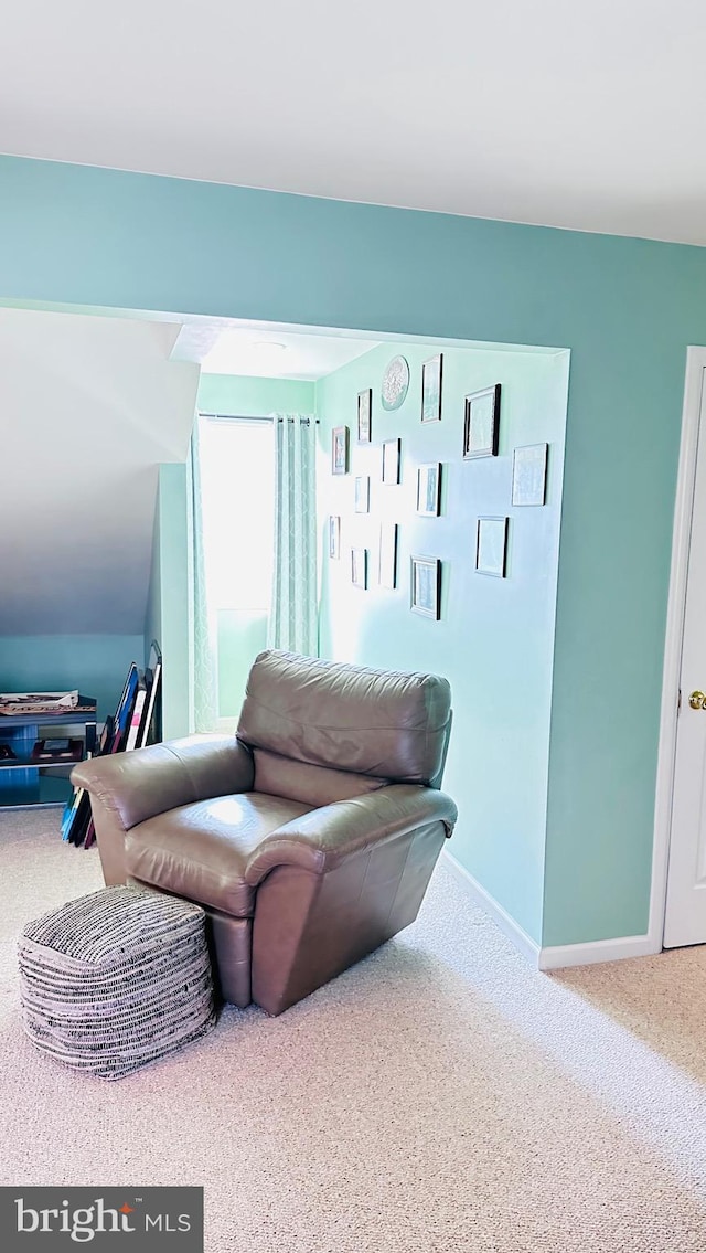 living room with baseboards and carpet flooring