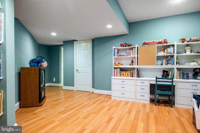 office with recessed lighting, baseboards, and light wood finished floors