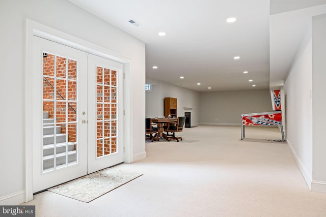 rec room featuring recessed lighting, french doors, baseboards, and carpet flooring