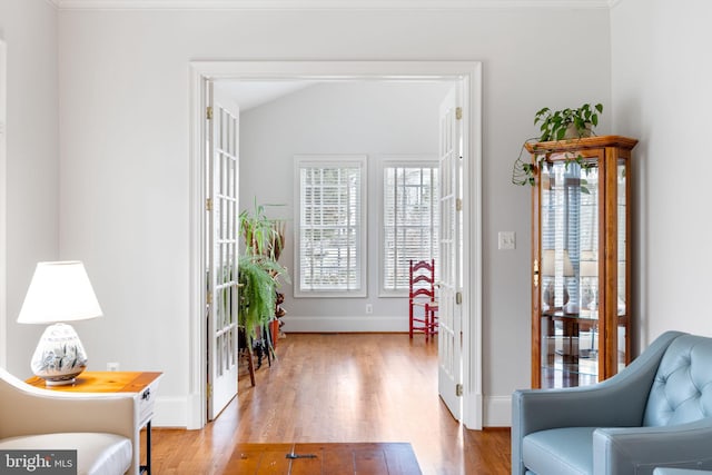 living area featuring baseboards, lofted ceiling, and wood finished floors