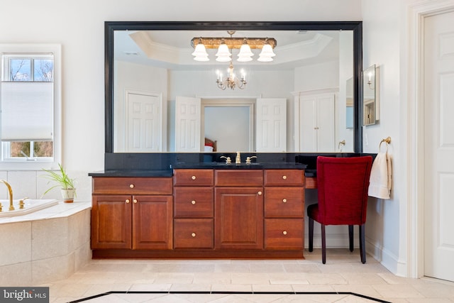 full bath with a wealth of natural light, crown molding, a raised ceiling, and an inviting chandelier