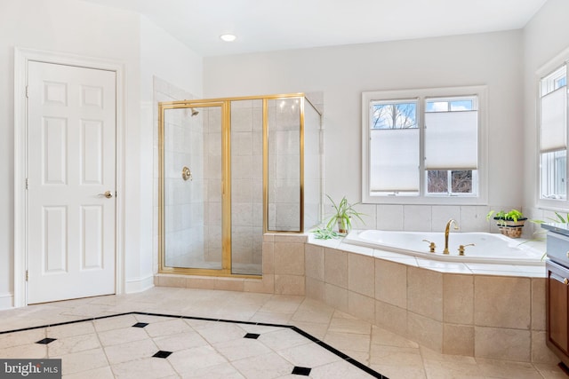 full bathroom featuring a bath, tile patterned flooring, a shower stall, and recessed lighting