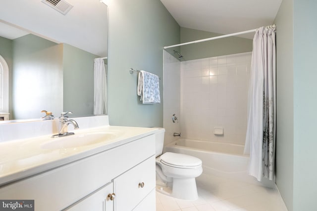 full bathroom with vanity, visible vents, tile patterned flooring, shower / bath combination with curtain, and toilet