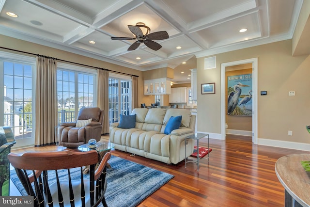 24537 Wave Maker Dr, Millsboro, DE 19966 - living area featuring wood finished floors, baseboards, visible vents, ceiling fan, and beamed ceiling