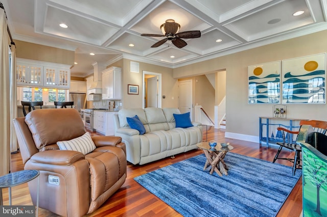 24537 Wave Maker Dr, Millsboro, DE 19966 - living room with visible vents, ornamental molding, wood finished floors, coffered ceiling, and a ceiling fan