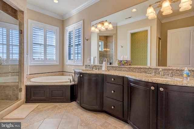 24537 Wave Maker Dr, Millsboro, DE 19966 - bathroom with visible vents, double vanity, a stall shower, ornamental molding, and a garden tub