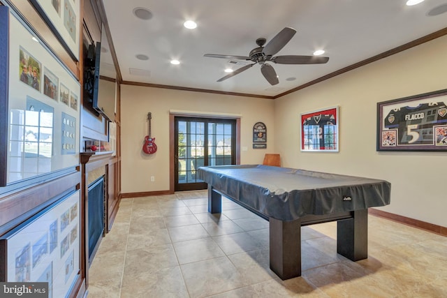 24537 Wave Maker Dr, Millsboro, DE 19966 - rec room with ceiling fan, baseboards, ornamental molding, a fireplace, and billiards