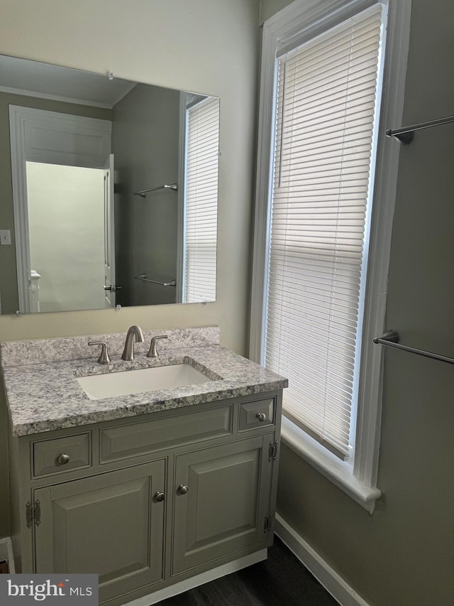 bathroom featuring a wealth of natural light, vanity, and baseboards