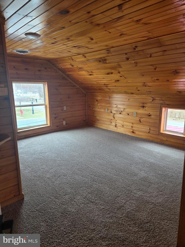 additional living space with plenty of natural light, wood walls, wood ceiling, and vaulted ceiling