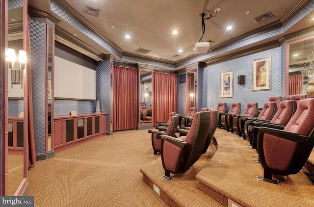 carpeted cinema with recessed lighting, visible vents, ornamental molding, and wallpapered walls