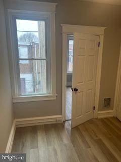 foyer entrance with a wealth of natural light, baseboards, and wood finished floors