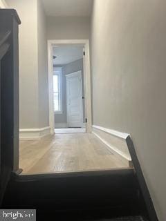 corridor with baseboards and wood finished floors