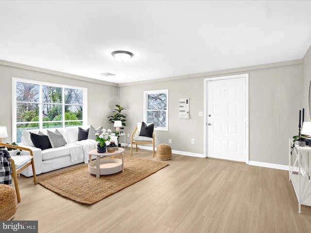 living area with baseboards and light wood-style floors