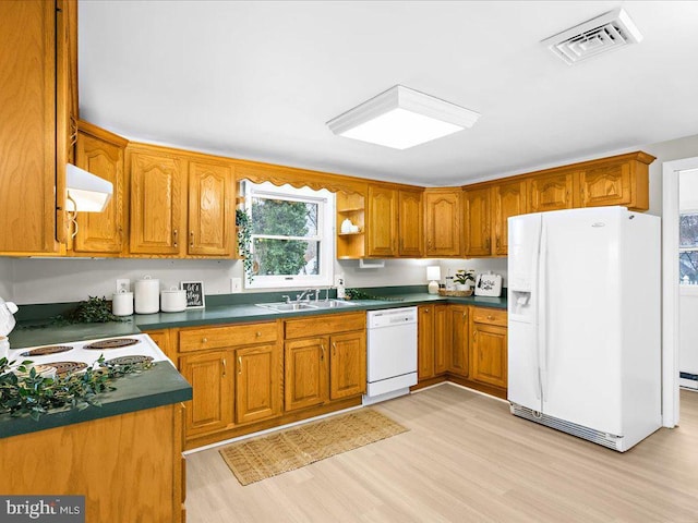 kitchen with visible vents, extractor fan, brown cabinets, white appliances, and a sink