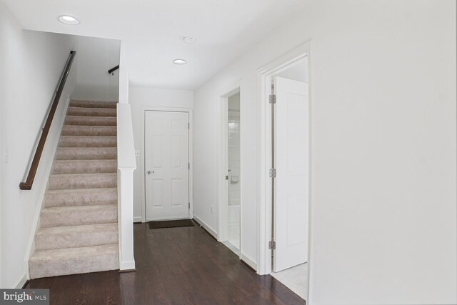 7407 Wood Meadow Way, Lanham, MD 20706 - interior space with stairway, baseboards, wood finished floors, and recessed lighting