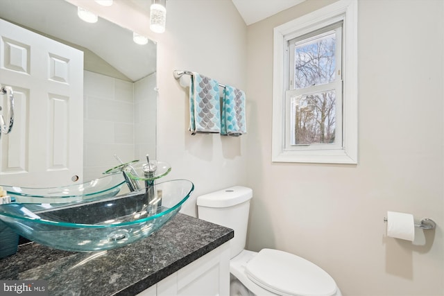 bathroom featuring toilet, vanity, and vaulted ceiling