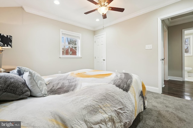 bedroom featuring carpet, baseboards, recessed lighting, ceiling fan, and ornamental molding