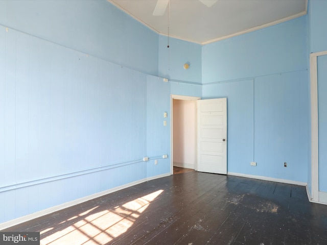 unfurnished room with crown molding, ceiling fan, and hardwood / wood-style flooring