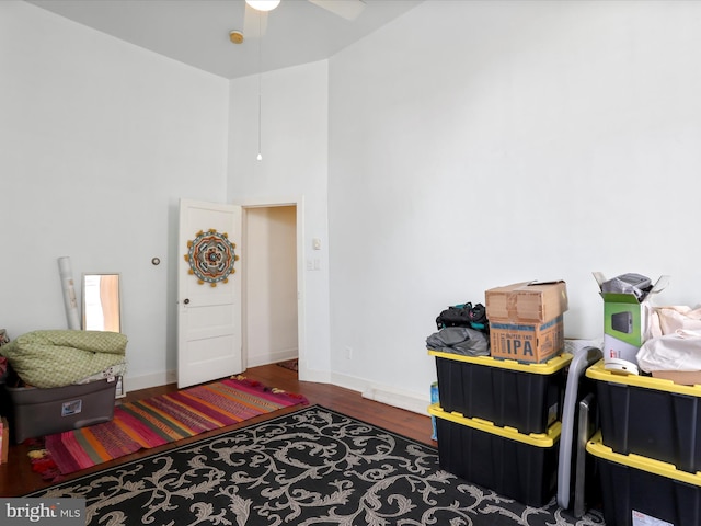 interior space featuring baseboards, a high ceiling, wood finished floors, and a ceiling fan