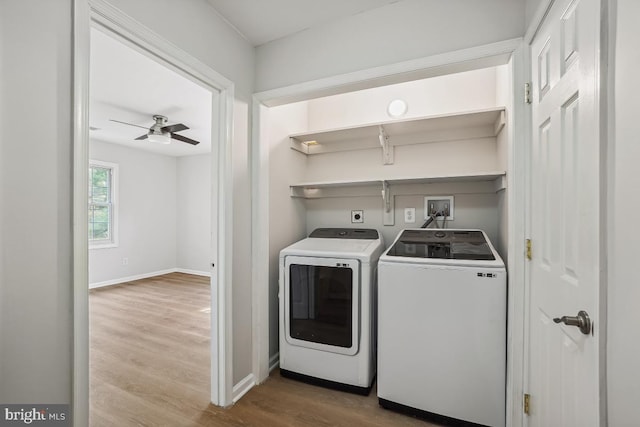 8358 Dunham Ct Unit 626, Springfield, VA 22152 - clothes washing area featuring a ceiling fan, wood finished floors, washing machine and dryer, baseboards, and laundry area