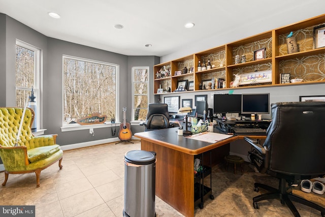 office area featuring tile patterned floors, recessed lighting, and baseboards