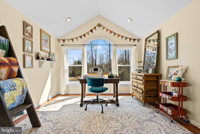 home office with recessed lighting, wood finished floors, baseboards, and vaulted ceiling