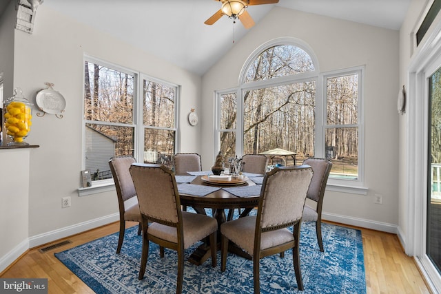 dining space featuring light wood-type flooring, visible vents, a ceiling fan, baseboards, and vaulted ceiling