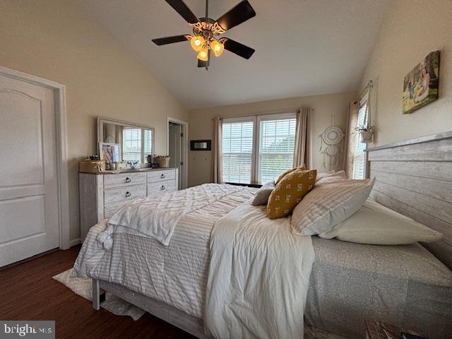 bedroom with wood finished floors, a ceiling fan, and vaulted ceiling