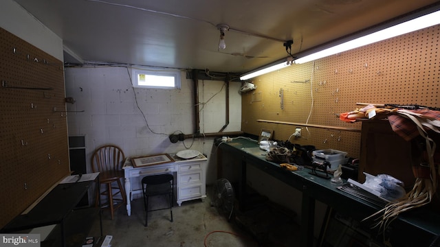 below grade area with a workshop area and concrete block wall