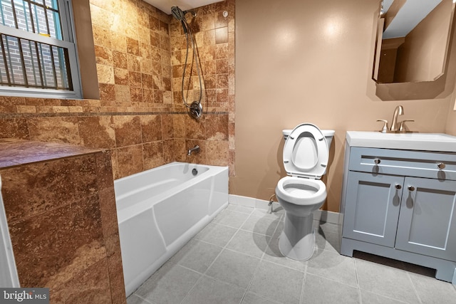 bathroom featuring tile patterned floors, toilet, tub / shower combination, baseboards, and vanity