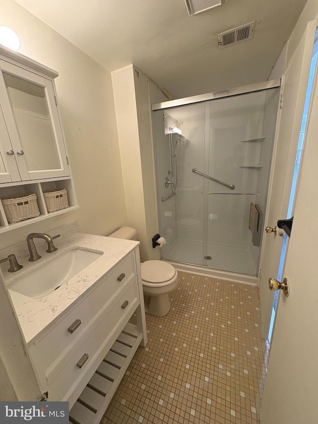 full bath featuring vanity, visible vents, a stall shower, tile patterned floors, and toilet