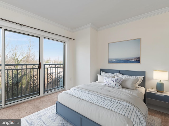 carpeted bedroom with access to exterior and ornamental molding