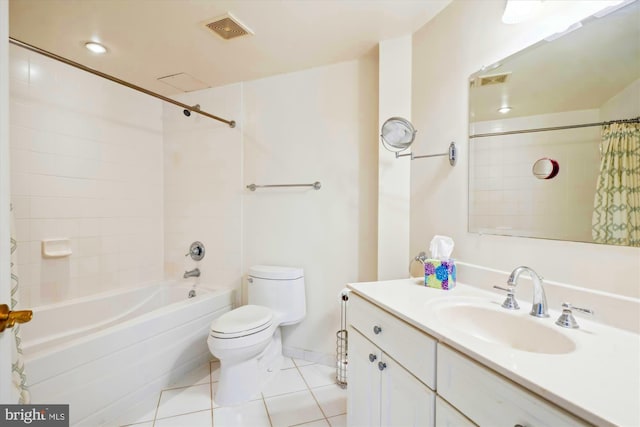 bathroom with tile patterned floors, visible vents, toilet, shower / bath combination with curtain, and vanity