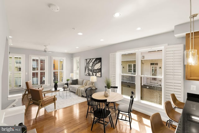 dining area with recessed lighting, light wood-style floors, and ceiling fan