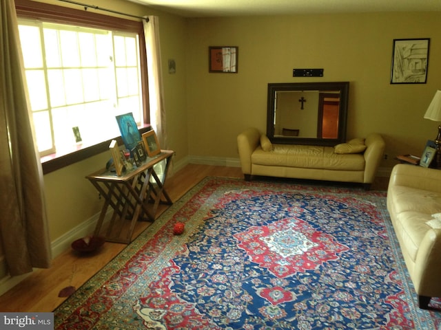 living area featuring wood finished floors and baseboards