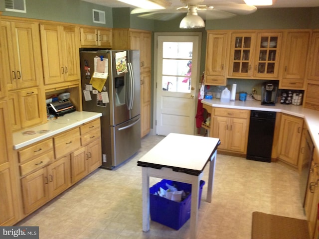 kitchen featuring visible vents, light floors, ceiling fan, and stainless steel refrigerator with ice dispenser