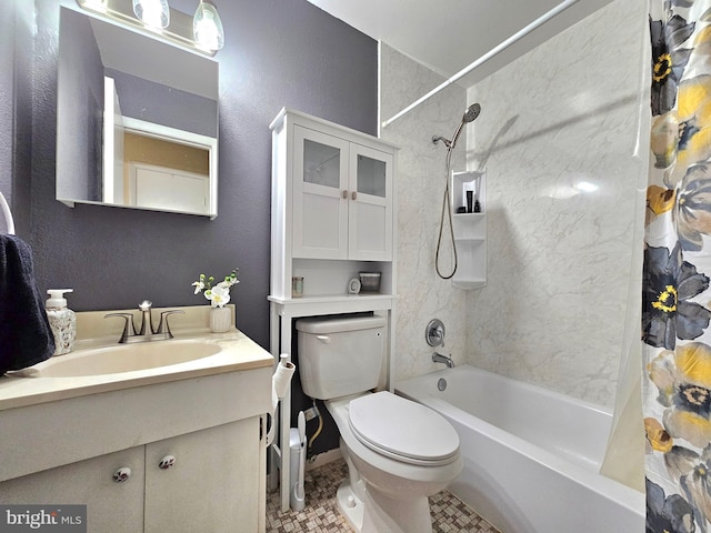 full bath featuring vanity, toilet, and shower / tub combo