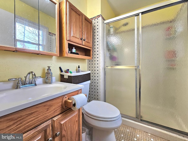 bathroom with tile patterned flooring, a stall shower, toilet, and vanity