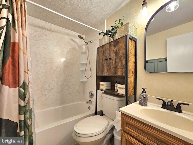 full bathroom featuring toilet, vanity, a textured wall, a textured ceiling, and shower / bathtub combination with curtain