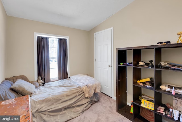 bedroom featuring lofted ceiling and carpet
