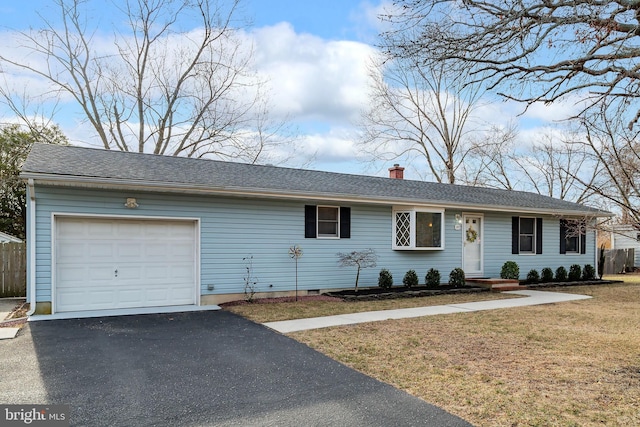 single story home with fence, a front yard, a chimney, a garage, and driveway