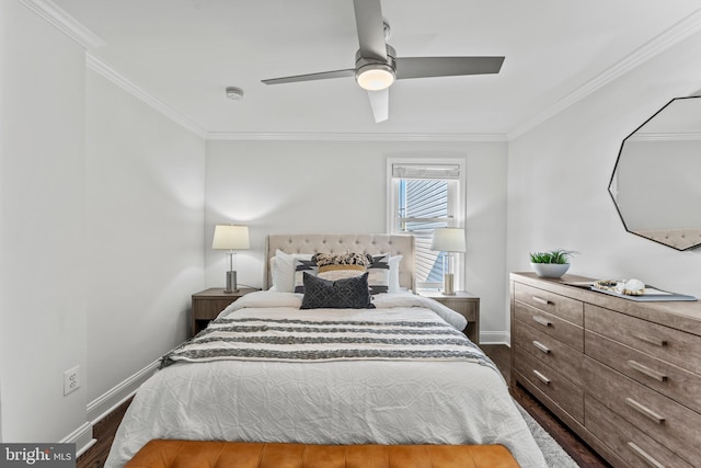 bedroom with baseboards, dark wood-style floors, a ceiling fan, and ornamental molding