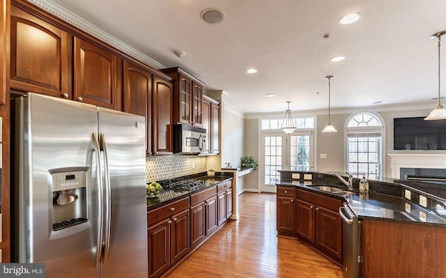 kitchen featuring light wood-style flooring, a sink, ornamental molding, stainless steel appliances, and tasteful backsplash