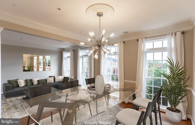 dining room featuring ornamental molding, wood finished floors, and a chandelier