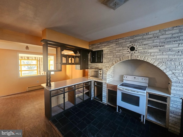 kitchen with stainless steel microwave, a baseboard heating unit, light countertops, and electric stove