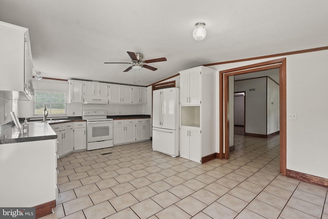 kitchen featuring under cabinet range hood, white appliances, white cabinetry, and ceiling fan