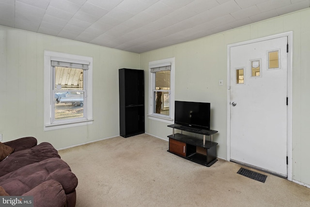 carpeted living area with visible vents