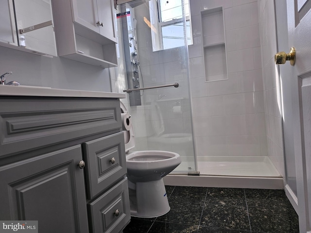 full bath with a shower stall, toilet, and vanity