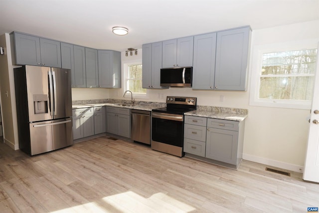 kitchen with visible vents, gray cabinets, a sink, stainless steel appliances, and light wood-style floors