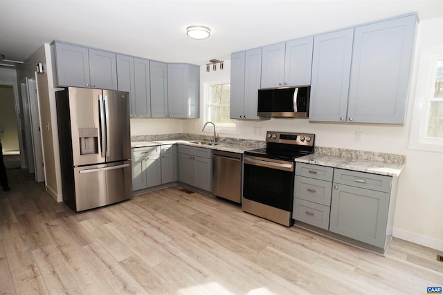 kitchen with a sink, light wood-style flooring, gray cabinetry, and stainless steel appliances